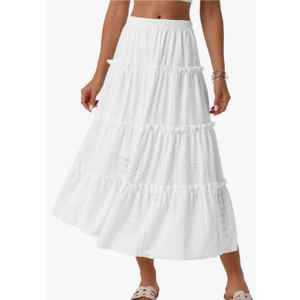 Women's Maxi Skirts Elastic Waist Tiered A Line Eyelet Skirt Ruffle Boho Long Summer Casual Skirt,  Size Large 