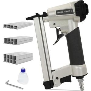 KEENTECH Pneumatic Staple Gun 21 Gauge, Air Upholstery Stapler with 3000pcs 1/2" Crown Staples 1/4"-5/8", Ready-to-Use Pneumatic Nail Gun Tool Set with Safety Trigger for Wood Furniture Fabric Leather (Silver)