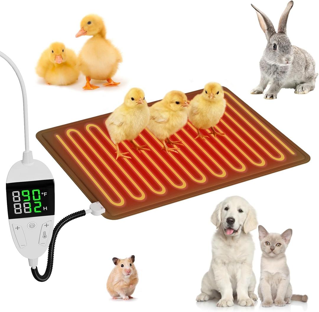 Pet Heating Pads for Cats, Small Animal Heating Pads, Chicken Heating Pad with Digital Thermostat & Timer, 11.7x15.7in, Anti-Bite/Chew Cord, Outdoor Waterproof Mat for Reptiles, Rabbits