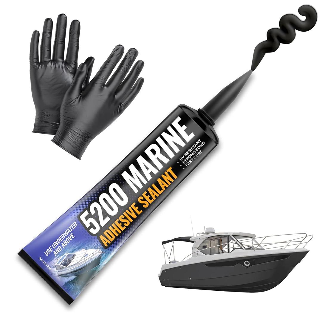 [Black] 5200 Marine Sealant - Fast Cure, High Bond Strength, UV Resistant Underwater 5200 Fast Cure, Marine Adhesive Sealant for Boats, Hulls, Decks, & RVs Marine Caulk Black with Gloves, Nozzle 3oz