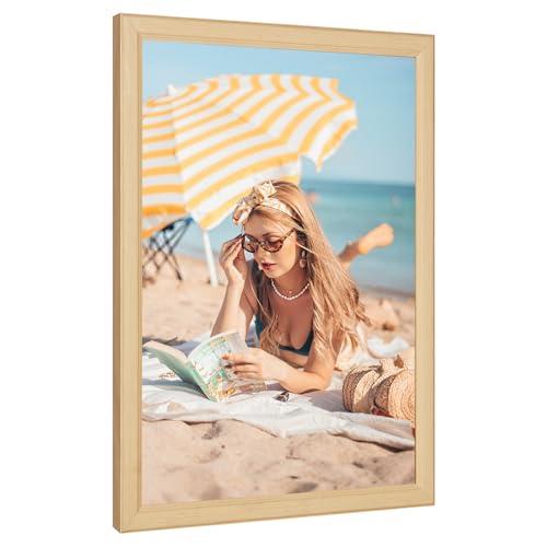MOUDAMION Wood 24x36 Poster Frame, Rustic Natural 36x24in Woodgrain Picture Photo Frame, Modern Beige 24 x 36inch Gallery Wall Frame with HD Plexiglass, Horizontal Vertical Wall Mounting Display 1pcs