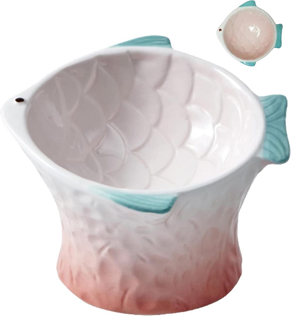 Raised Tilted Ceramic Cat Food Bowl,Cute Pink Fish Shape Elevated Slanted Shallow Angled Cat Dish,Personalized Pet Feeder for Kitty Dry Wet Treats Feeding,Ergonomic Anti Vomiting Whisker Fatigue