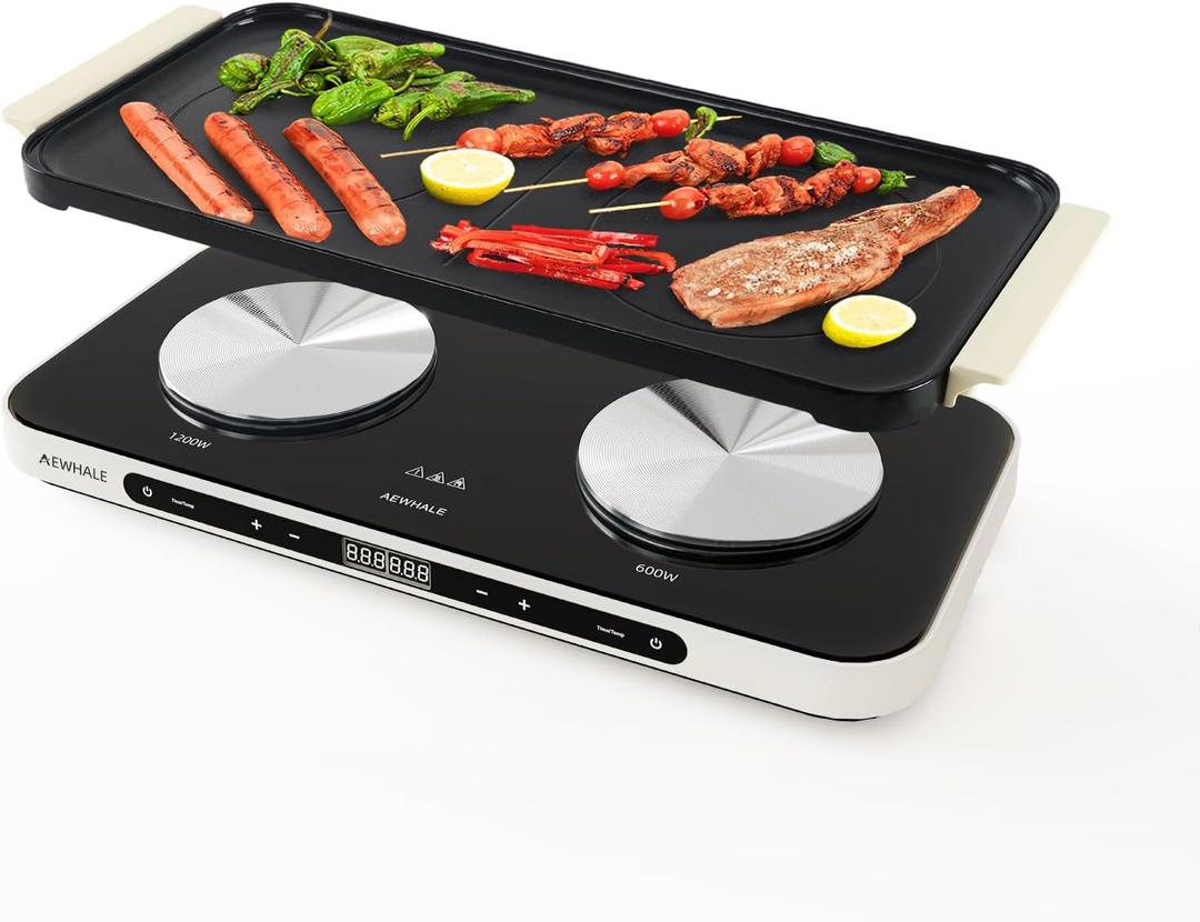 AEWHALE Countertop Double Burners with Removable Griddle Pan Non-stick,1200W+600W Electric Hot Plate with Sensor Touch for Adjustable Temperature/Time