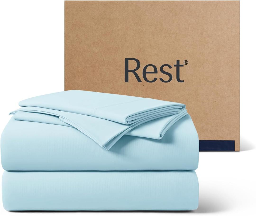 REST Evercool+ Cooling Sheet Set, Cali King Size, Light Blue, Breathable Bed Sheets for Hot Sleeper and Night Sweats, with Pillowcases, with Ionic+ Self-Cleaning Silver Yarn for Sensitive Skin, 4PCS