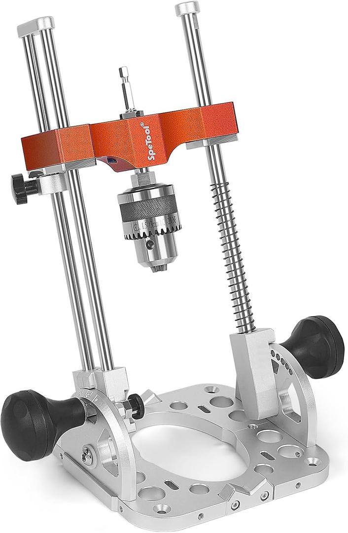 SpeTool Portable Drill Guide with Liner Ball Bearings Guide Poles, 1/2 Chuck Portable Drill Press Adapter for Hand Drill Adjustable from 0-60, Multi Angle Drill Guide for Straight Holes Woodworking