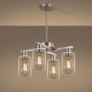 4-Light Modern Farmhouse Brushed Nickel Chandelier, Dining Room Light Fixture Over Table Adjustable Height Hanging Industrial Pendant Lights Kitchen Island, Clear Glass Shade