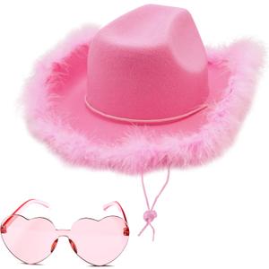 4E's Novelty Cowboy Hat with feathers With Heart Shaped Sunglasses for Women, Felt Cowgirl Hat for Party Costume Dress Up (Pink)