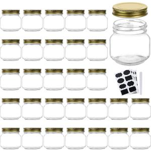 Encheng 8 oz Glass Jars With Lids, Ball Regular Mouth Mason Jars For Storage,Pickles Canning Jars For Caviar,Herb,Jelly,Jams,Honey,Glass Storage Jars For Kitchen Dishware Safe,Set Of 30 (Gold)