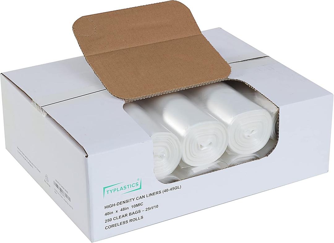 TYPLASTICS 40-45 Gallon Clear Can Liners 40" x 48" – High Density Garbage Bags Case of 250 – Multipurpose for Office, Outdoor, Recycling, Industrial and Commercial