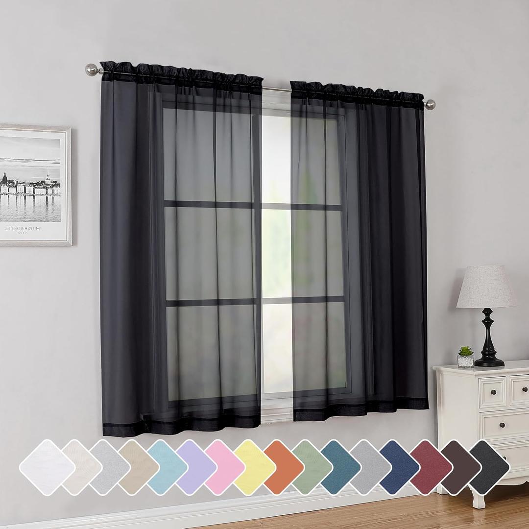 Simplebrand Rod Pocket Top Solid Voile Sheer Curtains for Bedroom, 54 Inch Length Drapes Set of 2, Lightweight and Light Filtering Elegant Black Curtains Panels Window Treatment, 42W54L, Black