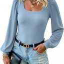 Womens Puff Long Sleeve Tops Square Neck Ribbed Knit Slim Fit Blouse Basic Tee Tops Elegant T Shirts (Blue, S)