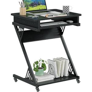 ALISENED Computer Desk for Small Spaces,23.6" Z-Shaped Compact Study Table with Smooth Keyboard Tray,with Wheels and Bottom Shelves for Home Office，Computer Cart Mobile Laptop Cart, 60*48*75 CM