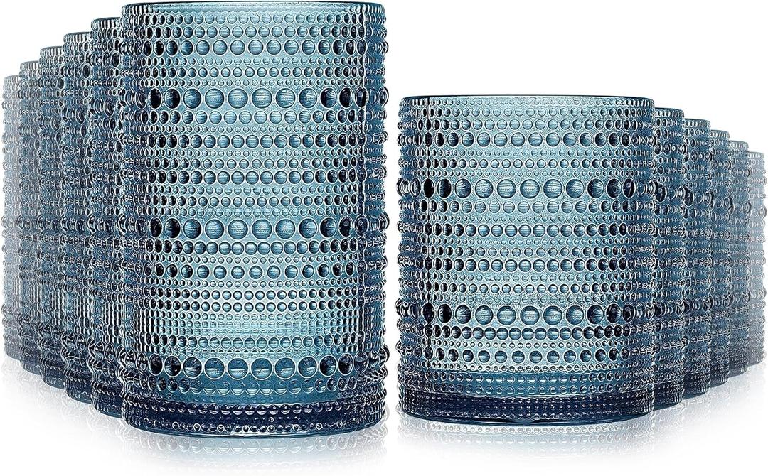 Vintage Hobnail Drinking Glasses Set of 12-14 oz Old Fashioned Glass Cups & 11 oz Cocktail Glasses, Aesthetic Kitchen Bar Tumbler Glassware Gifts Sets, Blue (12Pcs Blue New)