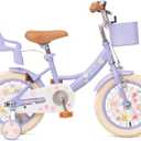Bixike Girls Bike with Basket for Toddlers and Kids Aged 3-14 Years Old, with Training Wheels & Doll Seat, 20 Inch with Kickstand & Rear Rack, Princess Style Bicycle for Gift. Purple, 14 Inch With Doll Seat