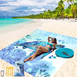 Beach Blanket Waterproof Sandproof Beach Mat 79" X 83"/10'x9'for 2-8 Adults Quick Drying Outdoor Picnic Mat Beach Accessories for Travel, Camping, Hiking (Blueturtle)