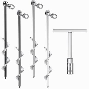 Hiboom 4 Pcs Ground Anchor Screw Heavy Duty Earth Anchors Tent Stakes for High Wind with T Handle Hex Wrench Trampoline Hook Ground Stakes for Camping Canopies Car Ports Sheds (Silver,12 Inch)