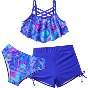 Girls Swimsuit Kids Bathing Suit 3 Pieces Bikini Set with Shorts Adjustable Swimwear (11-12 Years, Dark Tie Dye)