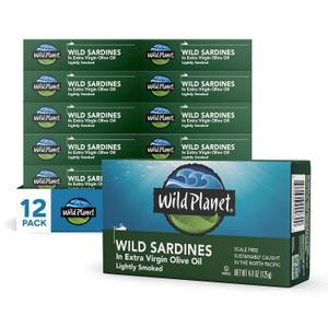 Wild Planet Wild Sardines in Extra Virgin Olive Oil, Lightly Smoked, Tinned Fish, Sustainably Wild-Caught, Non-GMO, Kosher, Gluten Free, 4.4. Ounce (Pack of 12) Best By 01/08/2030