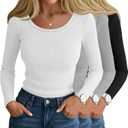 Ficerd 3 Pack Women's Ribbed Long Sleeve Tops Scoop Neck Slim Fit Shirts Cotton Casual Fall Going Out Basic Tee(White, Light Gray, Black, Small)