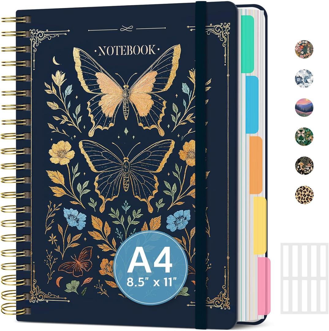 Large Spiral Notebook with Dividers & Tabs, 8.5" x 11" Hardcover 5 Subject Notebook for Work, 280 Pages, College Ruled, Cute Journal for Women, Perfect for Study & Office Note Taking, Golden Butterfly