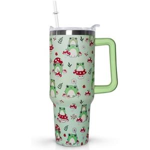 Ceovfoi 40 oz Frog Tumbler With Handle, Lid and Straw - Cute Green Kawaii Mushroom Gifts for Women, Decor, Accessories