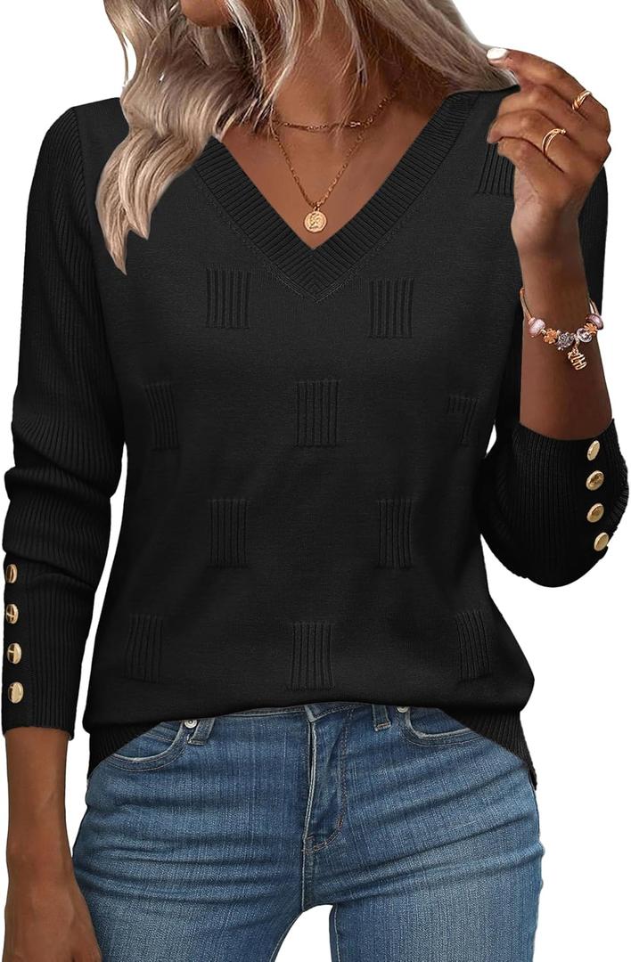 Zeagoo Womens V Neck Sweaters Shirts Long Sleeve Lightweight Ribbed Knit Pullover Sweater Blouse Tops with Buttons Oufits (Small, Black)