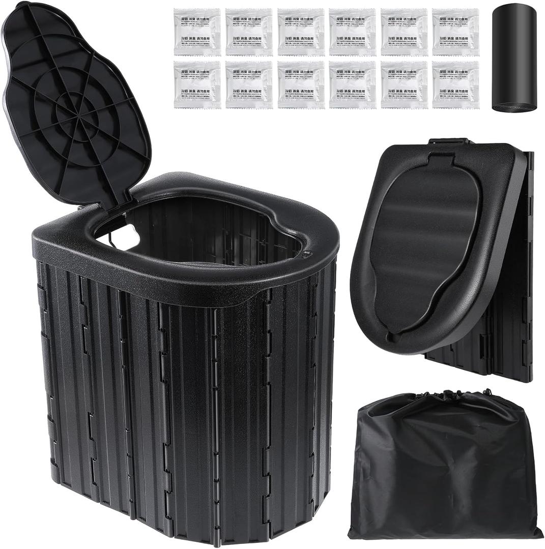 Camping Toilet, Portable Toilet for Adults, Camp Toilet with Handbag, Travel Potty for Camping, Hiking, RoadTrip, Car, Tent, Truck Drivers (Black-15.7''H)
