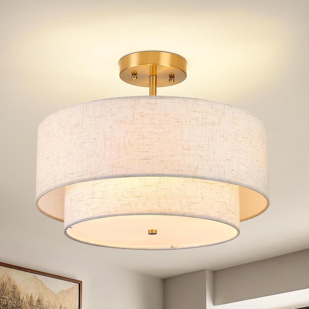 16-inch Double Drum Ceiling Light Fixture for Hallway, Living Room | 2-Layer Linen Shade, Gold Base, Semi Flush Mount Close to Ceiling, 3-Light E26 Socket, Hardwired, 120V