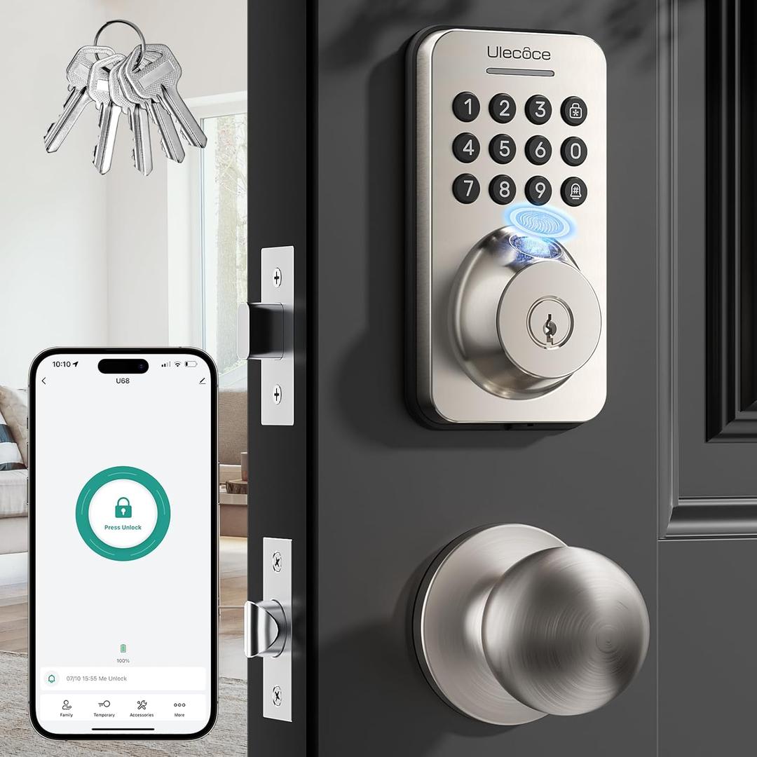 Ulecoce Fingerprint Keypad Deadbolt with Handle Set, Keyless Entry Door Lock, Door Locks for Front Door Lock Set, App Control, Auto Locking, Easy to Install, Satin Nickel, 
Item dimensions L x W x H	3.54 x 7.17 x 11.04 inches