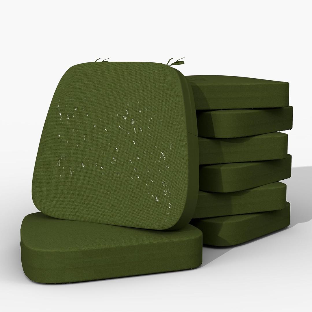 Iristykilin17'' x 16'' x 2.5"Thick Chair Cushions for Dining Chairs, 8 Pack WaterProof Easy Clean Kitchen Chair Pads with Ties and Non-Slip Backing - 30D High Elastic Foam Soft Kitchen Chair Cushions, Green