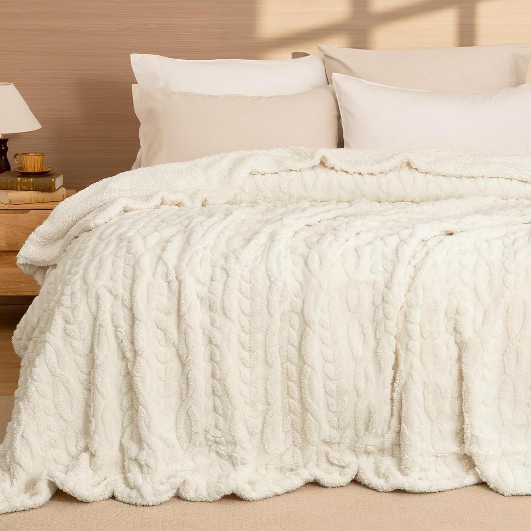 PHF Fluffy Sherpa Blanket Queen Size for Winter, Warm and Soft, 510GSM 3D Jacquard Thick Shaggy Fleece Plush Blanket for Sofa Bed, Cream, 90"x90"