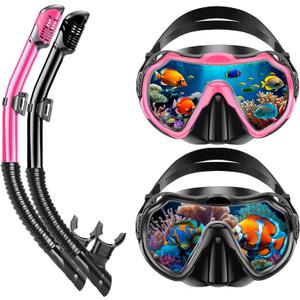 Snorkeling Gear for Adults, Adult Snorkel Set with Panoramic Anti-Leak and Anti-Fog Tempered Glass Snorkel Mask, Dry Top Snorkel, Snorkle Mask Set Adult with Mesh Bag Ear Plug for Snorkeling