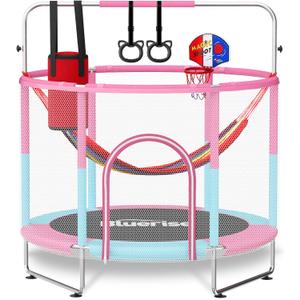 BLUERISE 60" Trampoline for Kids 5FT Toddler Trampolines Indoor/Outdoor with Adjustable Gymnastics Bar & Safety Net, No-Gap Design, Anti-Rollover Bottom, Basketball Hoop, Gifts for Boys & Girls