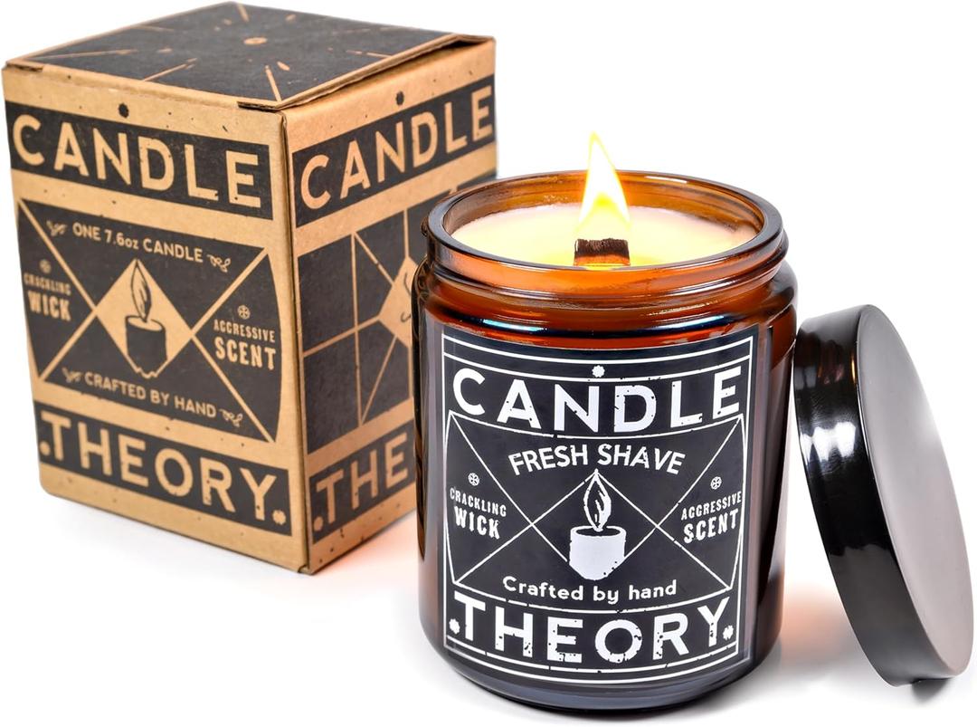 Candle Theory Fresh Shave Scented Candle for Men 7.6 Ounce, Crackling Wick Man Candles for Home