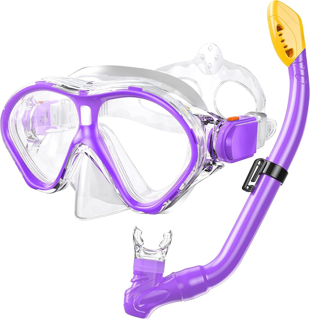 Gintenco Kids Snorkel Set, Diving Mask for Children as Unisex Kids Swimming Goggles, Anti-Fog Diving Mask and Dry Top Snorkel Combo Set for Junior and Youth (Purple)