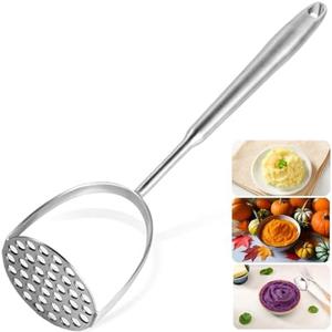 SerniaXin Potato Masher Stainless Steel, 14 Inch Potato Smasher - Kitchen Essential for Mashed Potatoes, Pumpkin, Carrots, Avocado & Fruits, Heavy Duty Metal Mashing Utensil (Silver)