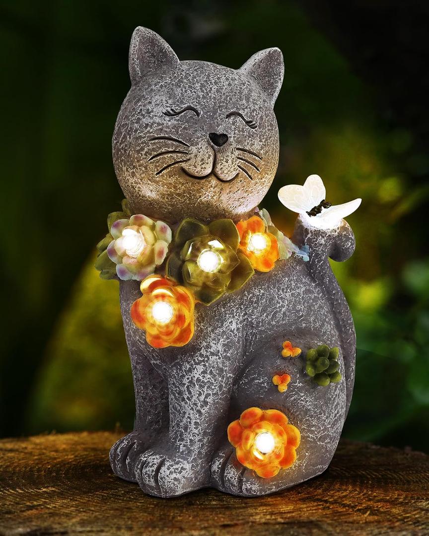 Solar Garden Statues Outdoor Decor, 6 LED Cat Flowers Butterfly Figurine Lights, Waterproof for Balcony Patio Porch Lawn Yard Ornament Art - Gift Ideas for Housewarming Gardening Grandma Women