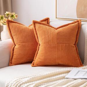 MIULEE Orange Decorative Throw Pillow Covers for Couch Bed Livingroom 18x18 Inch Set of 2 Boho Accent Throw Pllows Broadside Striped Patchwork Soft Corduroy Pillowcases