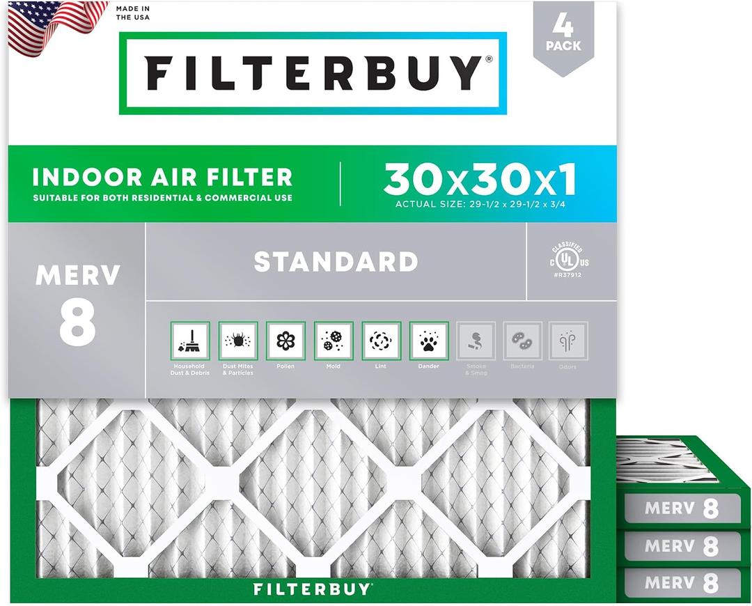 Filterbuy 30x30x1 Air Filter MERV 8 Dust & Allergy Defense (4-Pack)