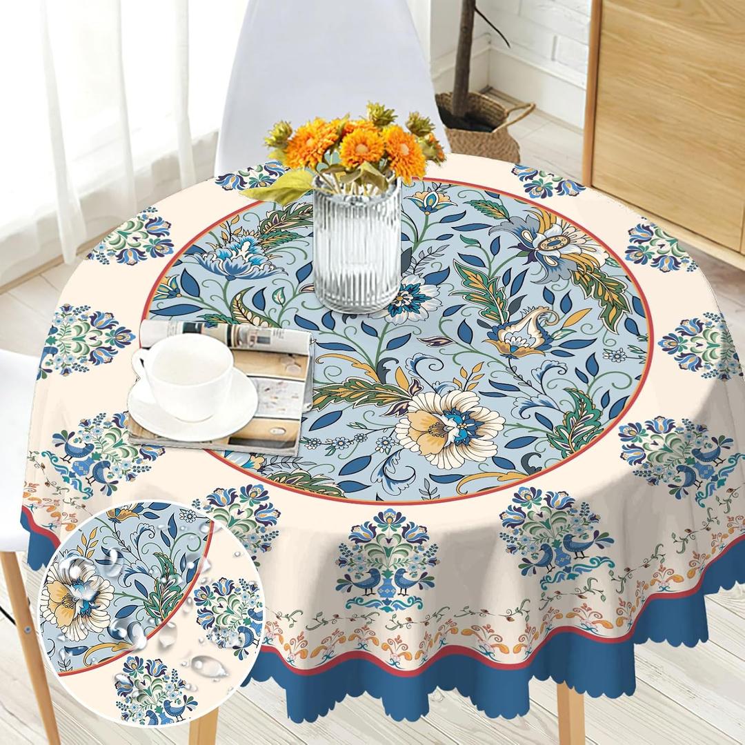Round Tablecloth 70 inch, Floral French Round Table Cloth, Stain Resistance Water Repellent Wrinkle-Free, Spring Blue Flower Circle Tablecloth for Home Kitchen Dining Party Patio Indoor Outdoor