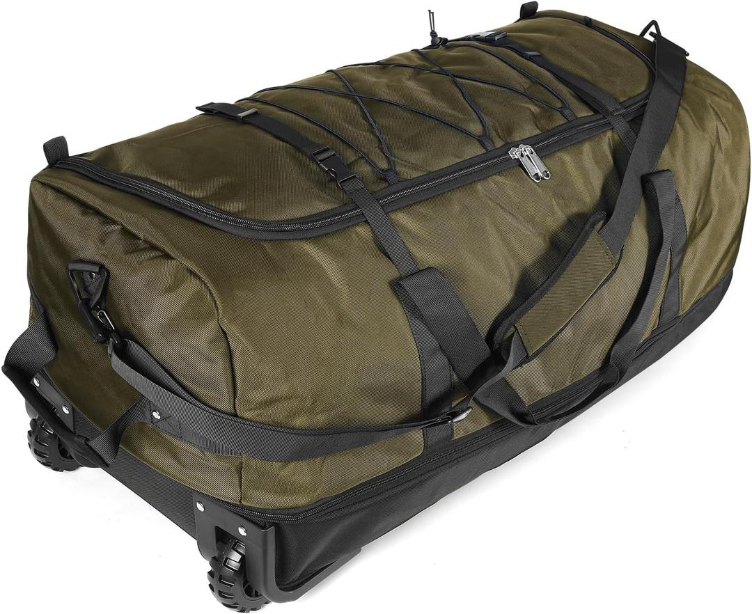 110L/140L Expandable Soft-Sided Foldable Duffle Bag with 2 Rubber Wheels,Packable 32 Rolling Carry-On with Multi-Pockets & Compartments, Army Green