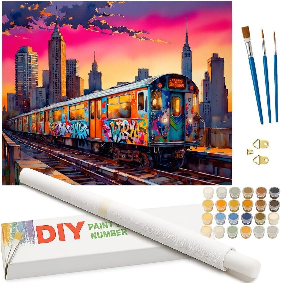 Cityscape Paint by Numbers Kit for Adults - DIY Graffiti Subway Train at Sunset Painting on Rolled Canvas 16x20 Inches, Acrylic Paint Set, Suitable for Beginners, Urban Art for Home Decor or Gifts