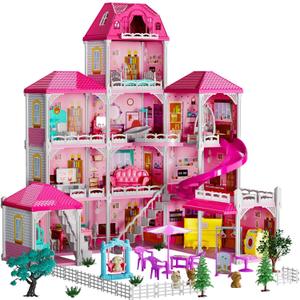 TEMI Villa Toys for 3 4 5 6 7 8 Years Old Girls - 4 Storeys 12 Rooms, Indoor Playset with 2 Dolls Toy Figures, Toys Furniture and Accessories, Pretend Girls Plays, Building (12 Rooms+Yard+Stairs+Slide)