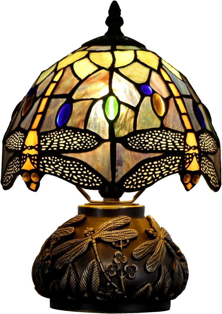 Small Tiffany Lamp Mini Stained Glass Table Lamp Brown Yellow Dragonfly Style Mushroom Desk Light Memory Sympathy Lamp 8X11 Inch