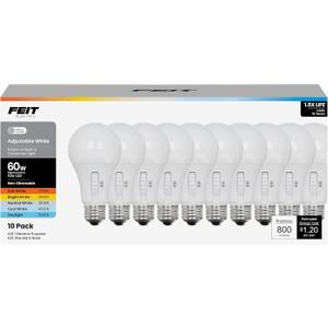 Feit Electric A19 LED Light Bulb, 60W Equiv, Non-Dimmable, Selectable Color Temperatures (2700K-5000K), 800 Lumens, General Purpose Light Bulbs, 17,000-Hour Lifetime, OM60/5CCT/15KLED/10, 10 Pack