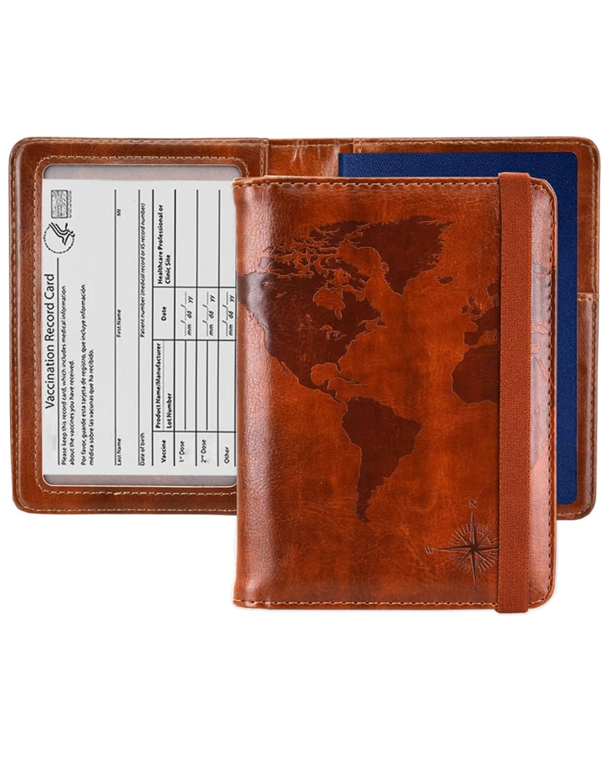 kandouren Passport and Vaccine Card holder Cover Case for Men, Passport Wallet with Vaccine Card Slot(brown map)