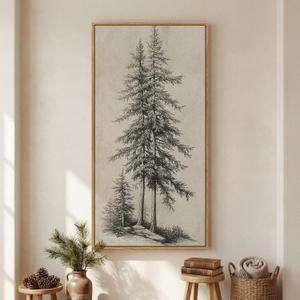 Large Framed Vertical Vintage Pine Tree Wall Art for Living Room, Neutral Sketch Rustic Classic Beige Canvas Artwork for Walls, Nordic Forest Farmhouse Wall Decor for Bedroom Hallway Office, 30x60 In