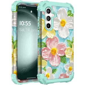 Galaxy S23 FE Case,3 in 1 Oil Painting Flower Pattern Heavy Duty Shockproof Protection Silicone Rubber Bumper+Hard Plastic Hybrid Protective Cover for Samsung S23 FE 6.4",Green Flower