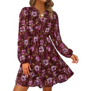 PRETTYGARDEN Women's Fall Boho Dresses 2026 Floral Long Sleeve V Neck Mini Flowy Wedding Guest Dress Trendy Vacation Outfits (M)