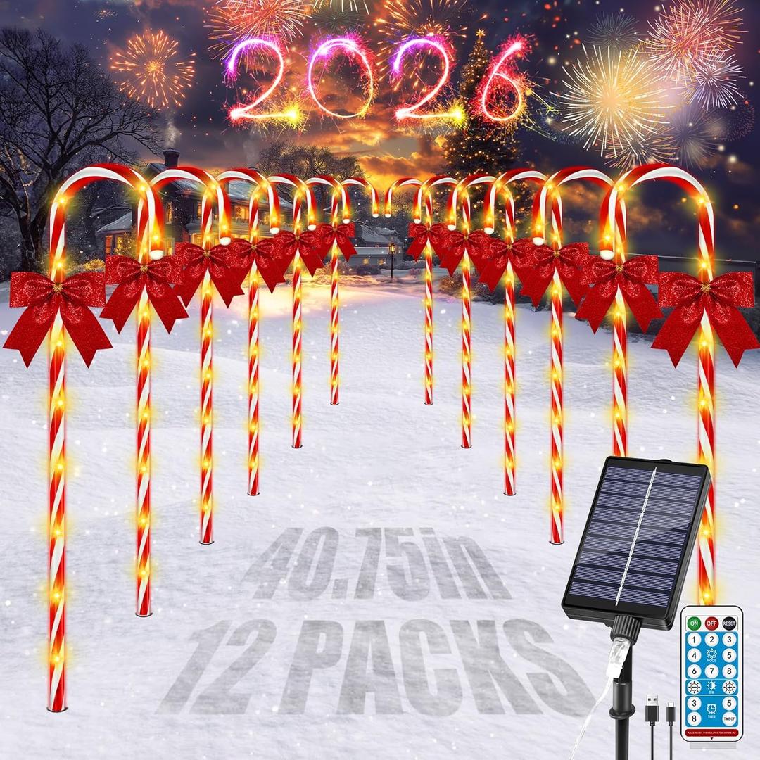 40in Christmas Solar Candy Cane Pathway Lights, 12Pcs 120 LED Solar Outdoor Christmas Decorations with Red Bow Waterproof, 8 Modes Timer Remote Walkway Garden Light for Xmas Yard Lawn Patio Decor